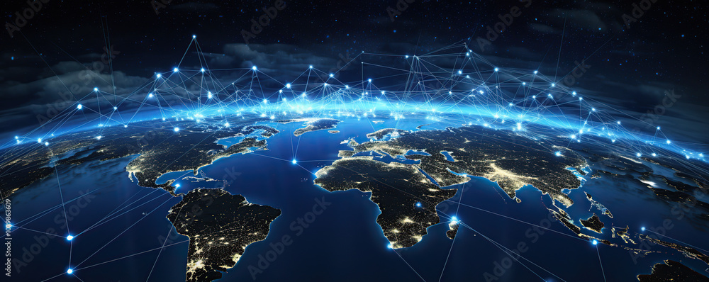 A detailed depiction of interconnected global networks over Earth at night, showcasing illuminated cities and digital connections A detailed depiction of interconnected global networks over Earth at night, showcasing illuminated cities and digital connections