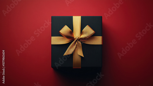 black gift box tied with golden ribbon sits elegantly on red background, creating striking contrast that evokes feelings of celebration and anticipation