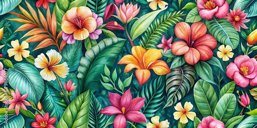 A vibrant watercolor illustration depicting a tropical jungle scene with lush greenery and blooming flowers in a kaleidoscopic pattern.
