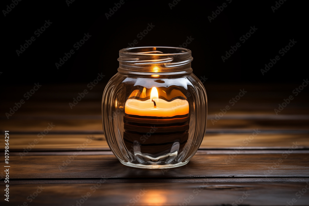 Burning Candle in Glass Jar on Wooden Table Burning Candle in Glass Jar on Wooden Table