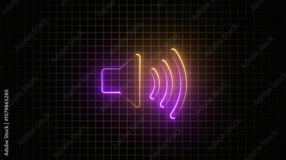 Glowing neon sound icon audio music speaker animation on a black background. Glowing neon sound icon audio music speaker animation on a black background.