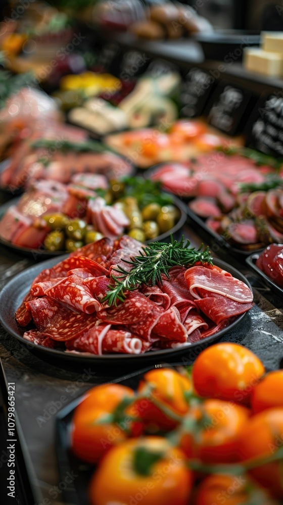 A vibrant display of assorted cured meats, garnished with rosemary, alongside fresh tomatoes and olives. Perfect for food enthusiasts and culinary presentations, showcasing colors and freshness A vibrant display of assorted cured meats, garnished with rosemary, alongside fresh tomatoes and olives. Perfect for food enthusiasts and culinary presentations, showcasing colors and freshness