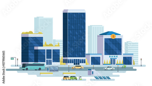 Modern cityscape. Business district skyscrapers, City landscape scenery. Office building set. Vector illustration of city landscape with street elements.