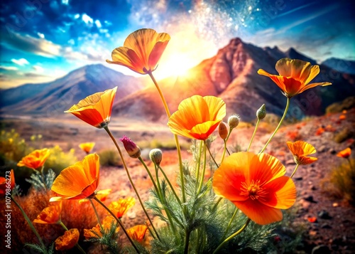 Arizona Desert Poppy Double Exposure, Blooming Wildflowers, Vivid Colors photo