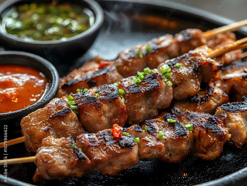 A sizzling plate of grilled pork skewers with dipping sauces on the side, grilled pork skewers, Thai street food A sizzling plate of grilled pork skewers with dipping sauces on the side, grilled pork skewers, Thai street food