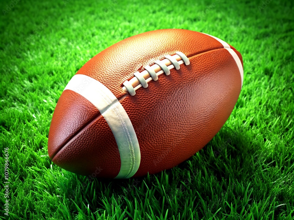 Obraz premium A rugby ball rests on lush green grass, embodying the spirit of sports, ideal for outdoor activities, athletic