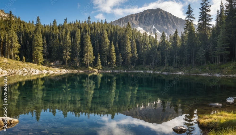mountain lake surrounded by pine trees, clear water, peaceful reflection mountain lake surrounded by pine trees, clear water, peaceful reflection