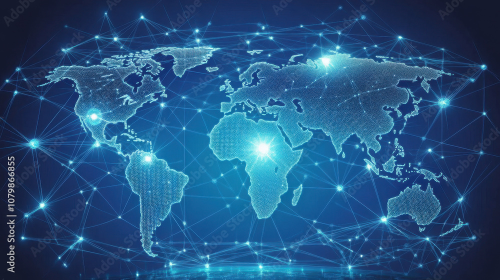 Futuristic map of Earth showcasing network of connections, highlighting continents and oceans with glowing lines. This digital representation evokes sense of global connectivity and innovation Futuristic map of Earth showcasing network of connections, highlighting continents and oceans with glowing lines. This digital representation evokes sense of global connectivity and innovation