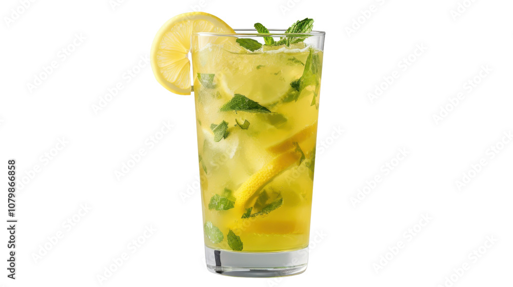 Lemonade with lemon slices and mint in a glass on white transparent background
Lemonade with lemon slices and mint in a glass on white transparent background