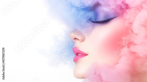 A close-up portrait of a woman with vibrant, pastel-colored smoke enveloping her face, showcasing a serene expression and striking makeup, This image is ideal for beauty, fashion