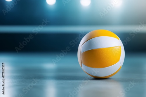 A vibrant volleyball resting on the polished gym floor under bright lights during a sports event