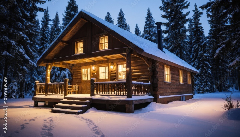 Rustic winter cabin, snow-covered, cozy lighting Rustic winter cabin, snow-covered, cozy lighting