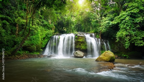 Lush Green Forests and Tranquil Waterfalls Amidst Nature’s Beauty in Springtime, Captured with No People in Sight for a Peaceful Wilderness Scene
