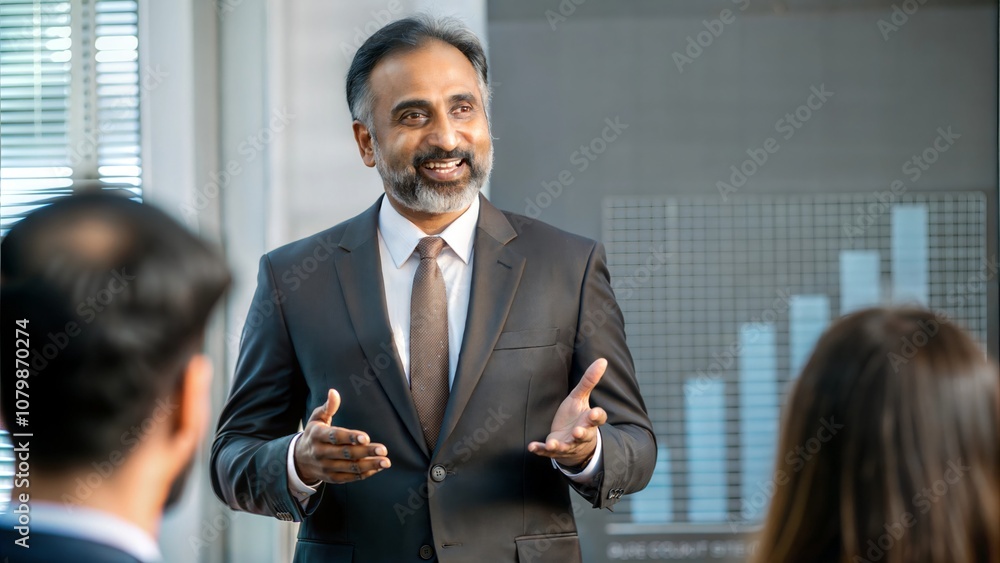 Fototapeta premium An Indian business leader presenting the launch of a new product to the company. 