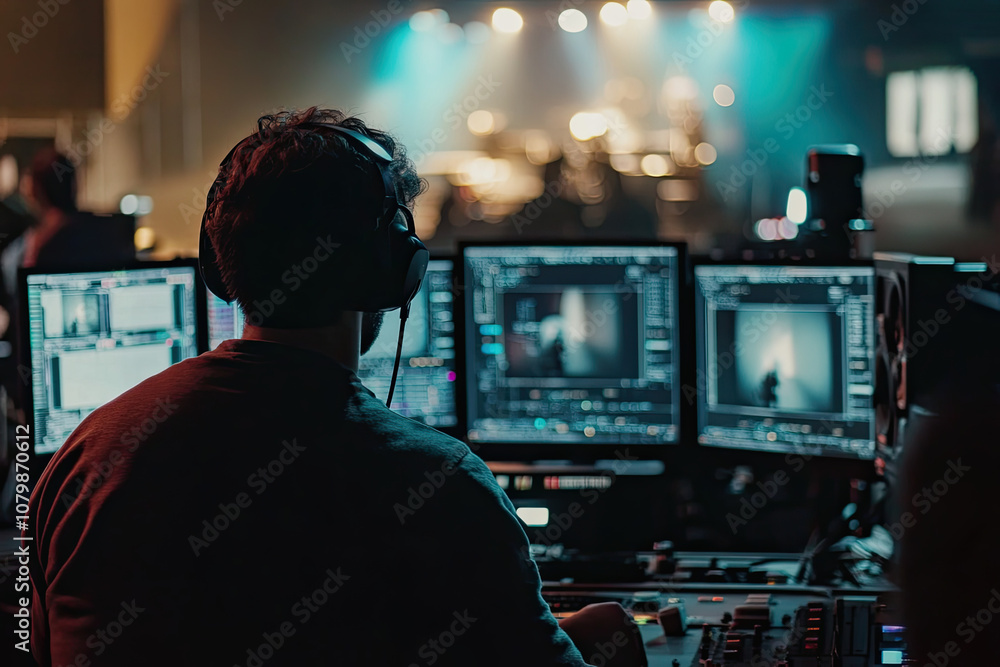 Behind-the-scenes shot of a control room with multiple monitors Behind-the-scenes shot of a control room with multiple monitors