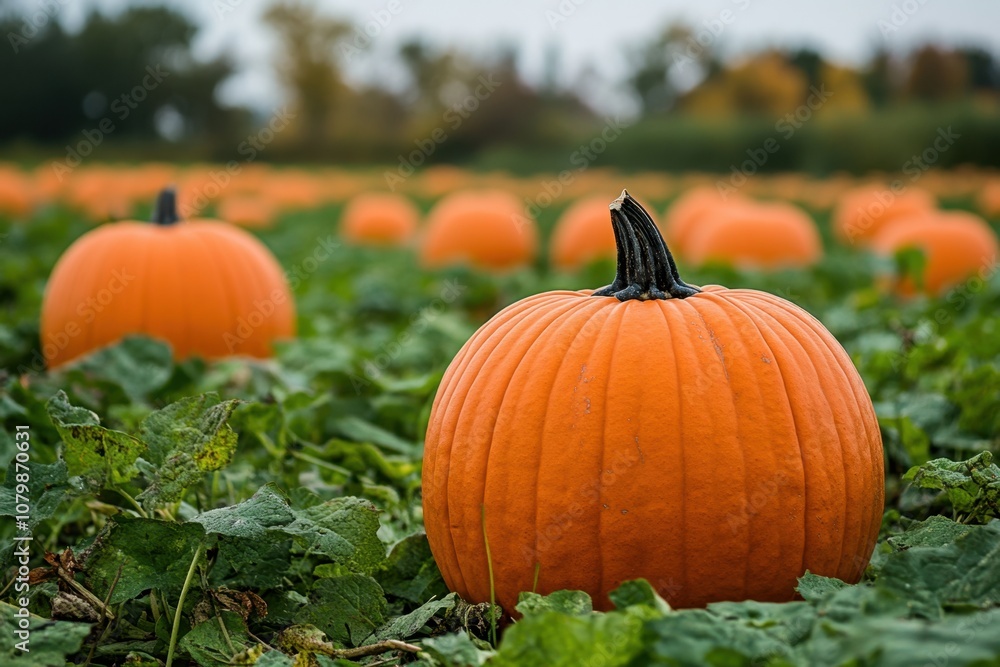 A single orange pumpkin stands out in a field of pumpkins. A single orange pumpkin stands out in a field of pumpkins.