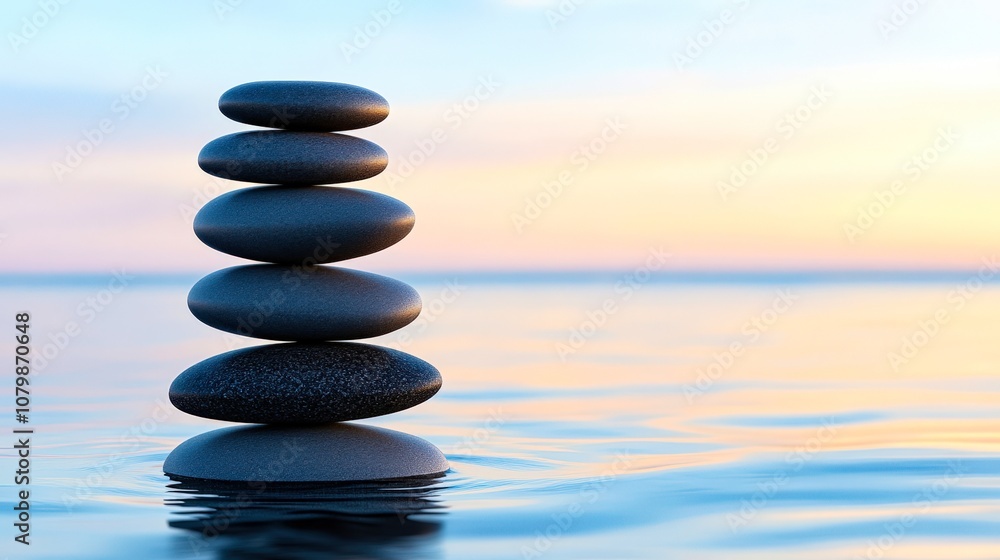 Obraz premium A serene stack of smooth stones balanced on calm water, symbolizing tranquility and balance, Ideal for wellness, meditation, or nature-themed projects, this image evokes a peaceful ambiance,