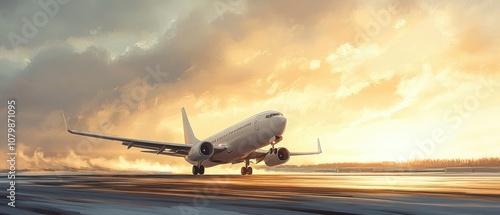 Airplane taking off on a runway with clouds in the background at sunset.