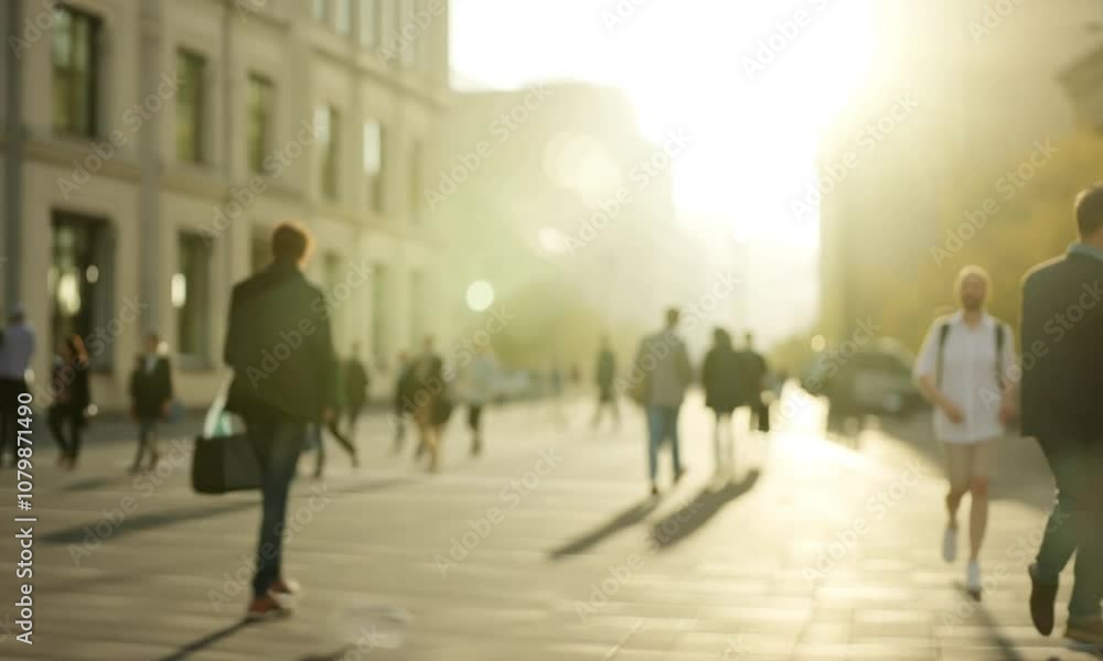 People Walking on a City Street During Sunrise with Soft Light and Long Shadows Creating a Dreamy Atmosphere in an Urban Environment People Walking on a City Street During Sunrise with Soft Light and Long Shadows Creating a Dreamy Atmosphere in an Urban Environment