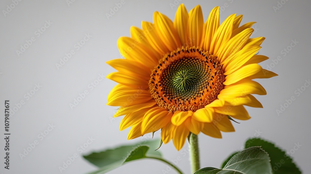 Fototapeta premium A vibrant sunflower with bright yellow petals and green leaves.