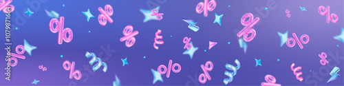 3d flying neon percent signs with stars on holographic isolated background. Horizontal banner. Stock vector illustration.