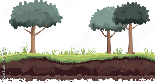 Illustration of Trees and Grass With Visible Underground Soil Layers in a Natural Setting