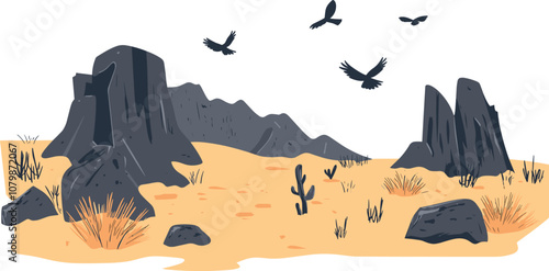 Desert Landscape With Rocky Formations, Cacti, and Birds Flying Overhead