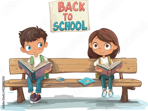 Children Reading Books on a Park Bench Under a Back-To-School Sign