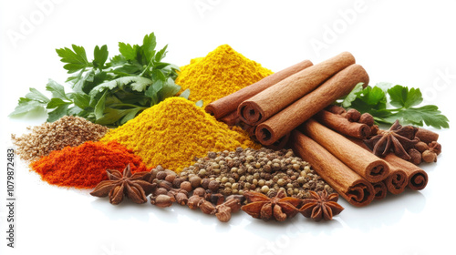 Fototapeta Naklejka Na Ścianę i Meble -  vibrant assortment of spices and herbs, including cinnamon sticks, coriander, and turmeric, arranged beautifully on white background, showcasing their rich colors and textures