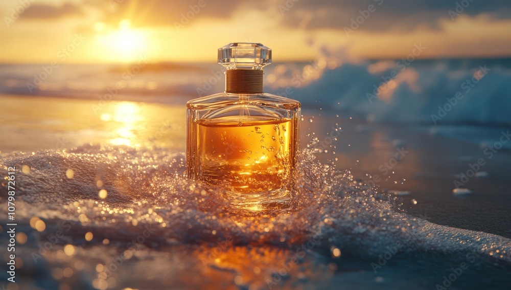 Perfume Bottle on Beach at Sunset Perfume Bottle on Beach at Sunset