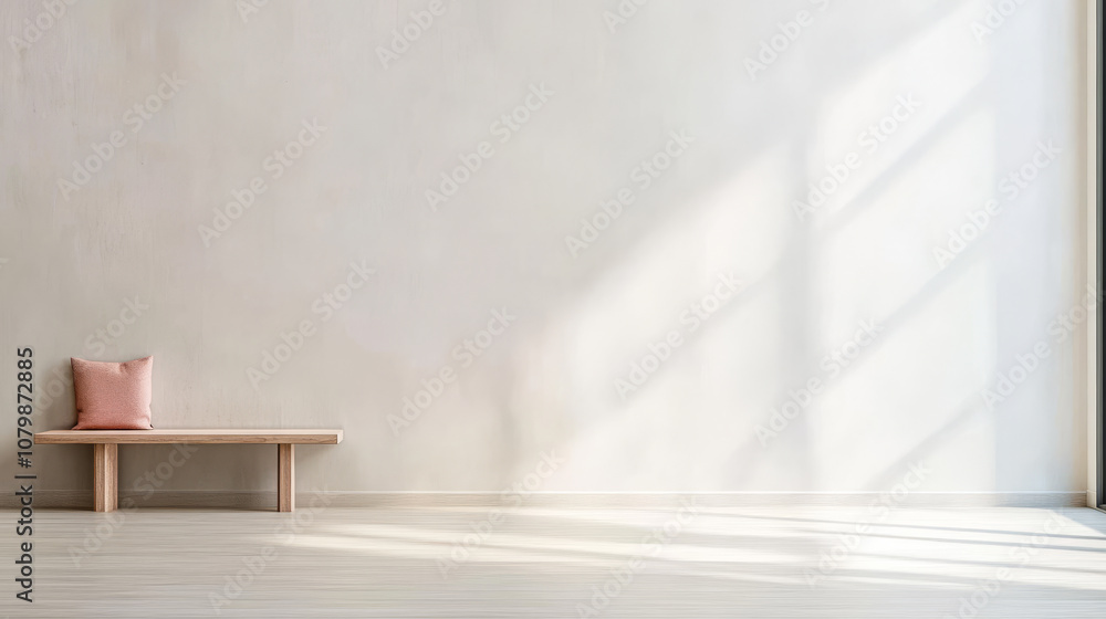 Minimalist interior with wooden bench and soft cushion featuring natural light and shadows Minimalist interior with wooden bench and soft cushion featuring natural light and shadows