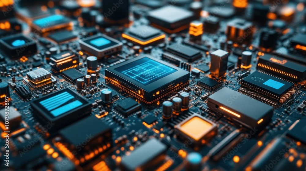 Close-up of a circuit board with glowing components and connections. Close-up of a circuit board with glowing components and connections.