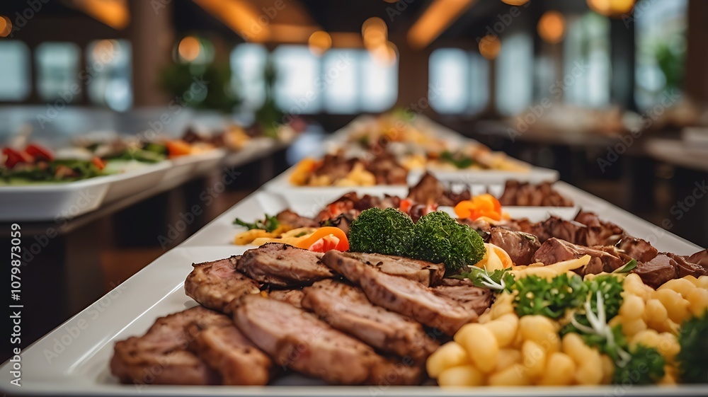 Obraz premium Serving grilled meat buffet in a restaurant