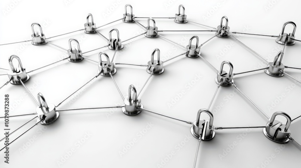 3D Network of Nodes with Locks on White Background 3D Network of Nodes with Locks on White Background