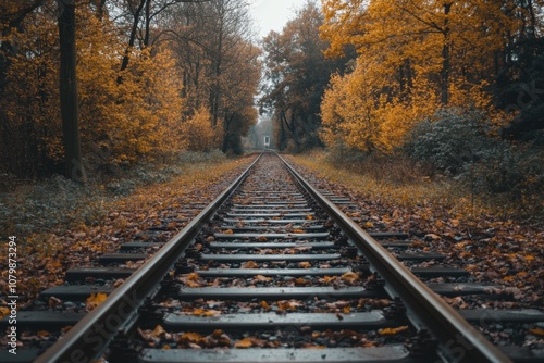 A single set of train tracks disappearing into the distance through a misty autumn forest. photo