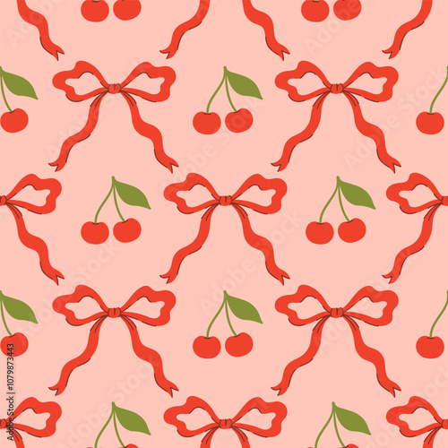 Seamless pattern with cherries and bows. Vector graphics.