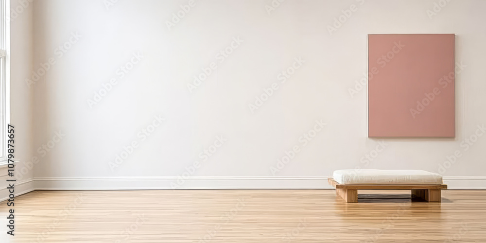 Minimalist interior featuring a simple bench and a muted artwork in a bright space Minimalist interior featuring a simple bench and a muted artwork in a bright space