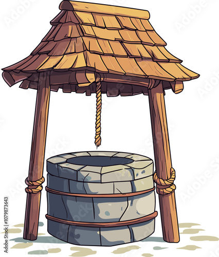 A Rustic Wooden Well With a Thatched Roof in a Serene Outdoor Setting