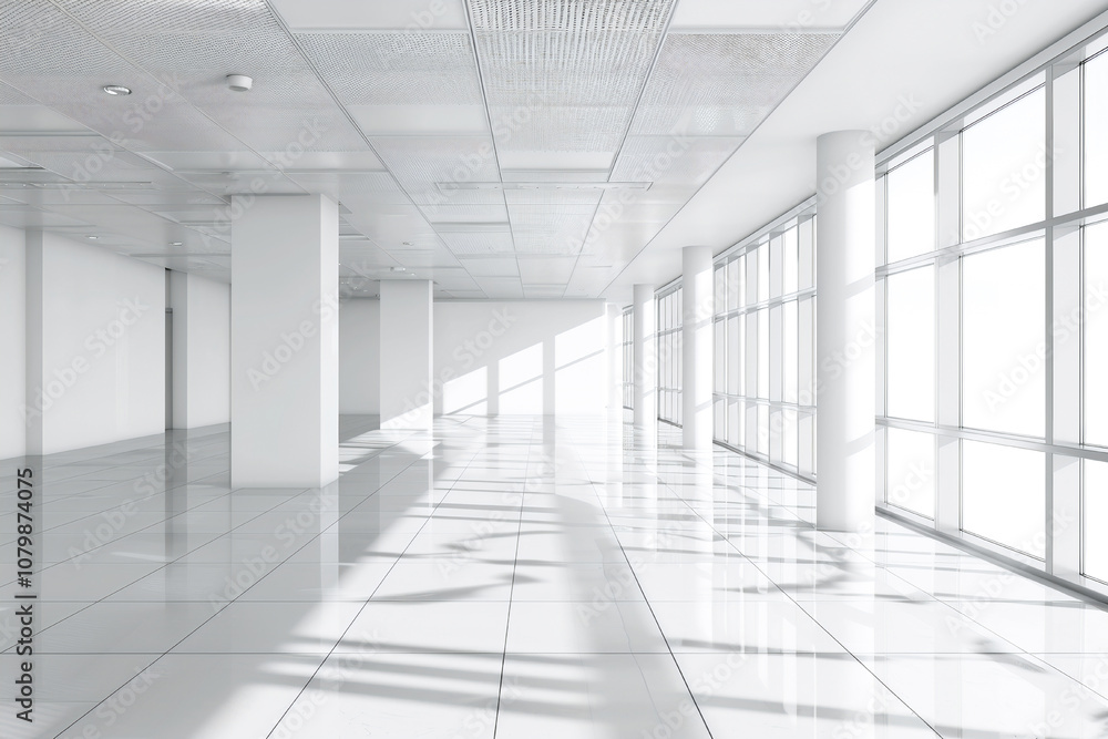 Spacious modern room with large glass windows and shiny tile flooring, filled with daylight. Spacious modern room with large glass windows and shiny tile flooring, filled with daylight.