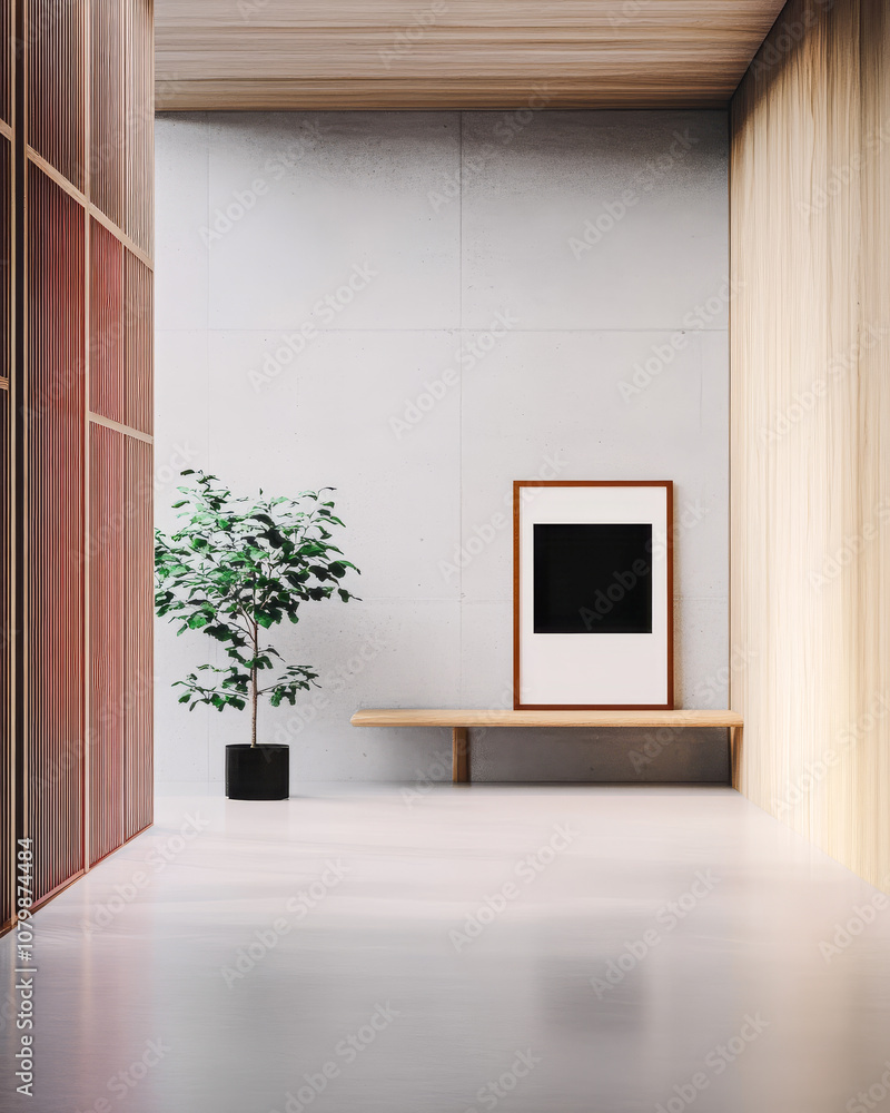 Modern interior with wooden elements and a minimalist design featuring a potted plant Modern interior with wooden elements and a minimalist design featuring a potted plant