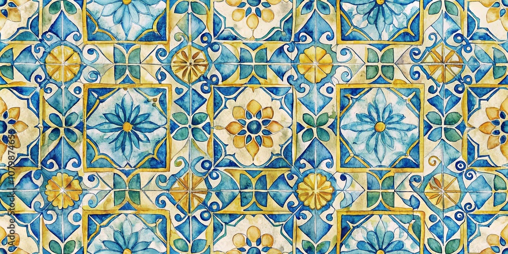 Watercolor Illustration of a Geometric Pattern Composed of Blue, Yellow, and Green Tiles with Floral Motifs Watercolor Illustration of a Geometric Pattern Composed of Blue, Yellow, and Green Tiles with Floral Motifs