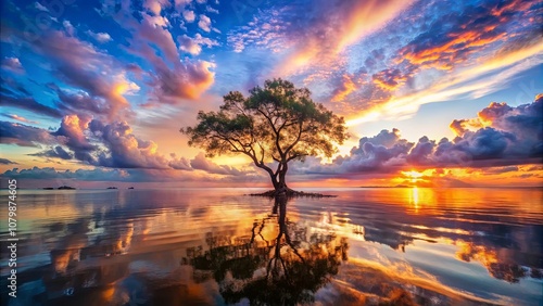 A solitary tree stands tall amidst the vibrant hues of a dramatic sunset, its reflection mirroring the beauty of the sky above in the tranquil waters below.