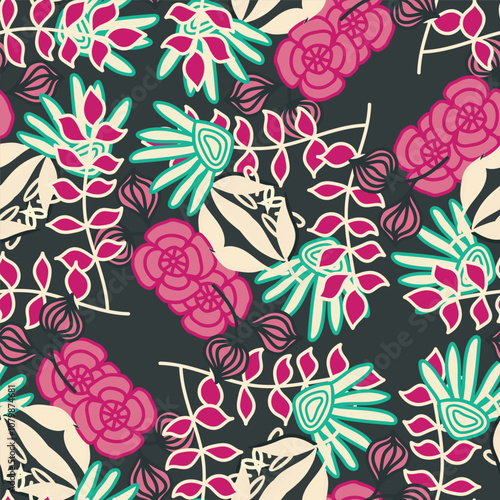 Doodled botany plants seamless repeat pattern. Random placed flowers, leaves and branches illustration all over surface print. Vector illustration