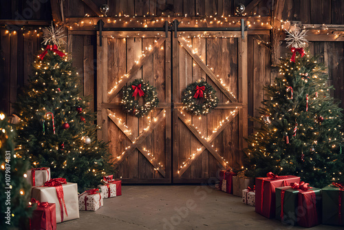 Rustic Barn Door Christmas Scene with Decorated Trees and Gifts