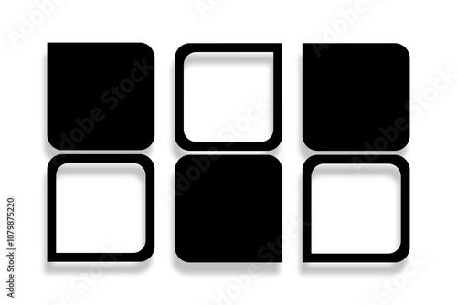 6 Blank round square photo frames design in a simple two rows layout. Used as a printable template for photo collage or a mock up for album pictures and photographs collection in a classic flat style.
