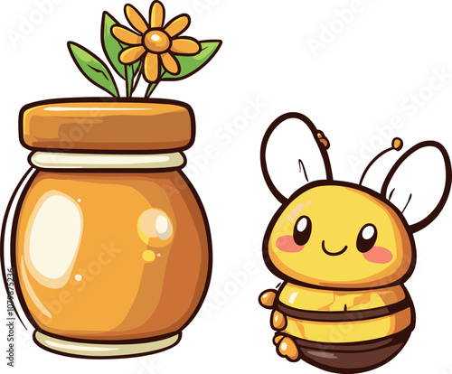 Cheerful Cartoon Bee and Honey Jar With Flower in a Playful Garden Setting