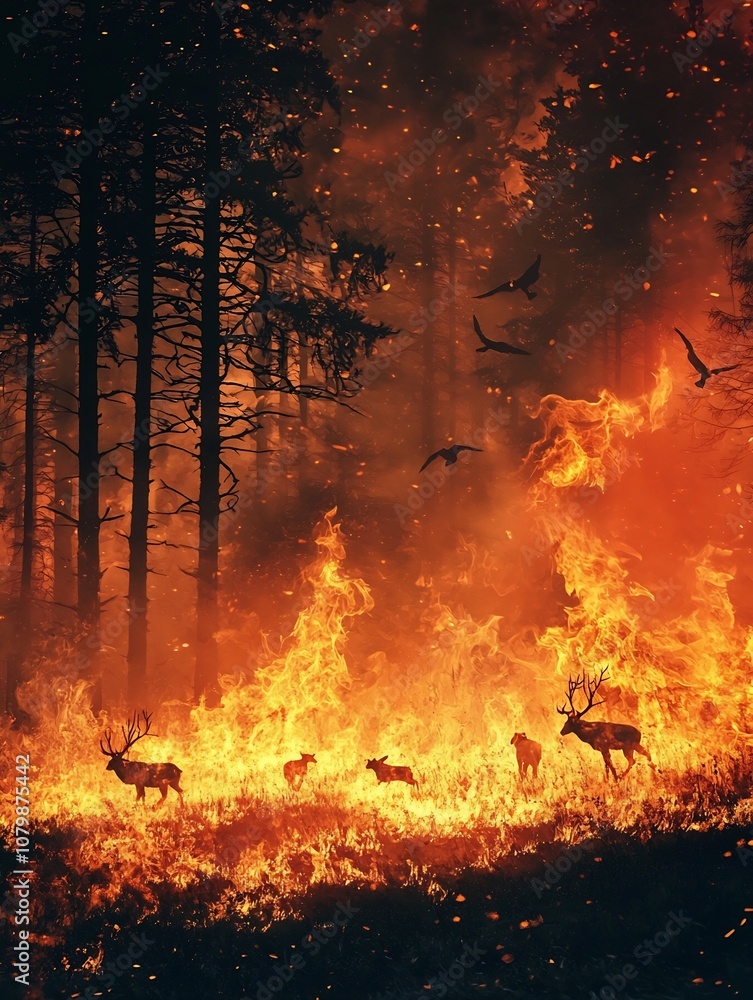 Raging Forest Fire Engulfs Wildlife Fleeing the Flames Global Warming Disaster Concept Raging Forest Fire Engulfs Wildlife Fleeing the Flames Global Warming Disaster Concept