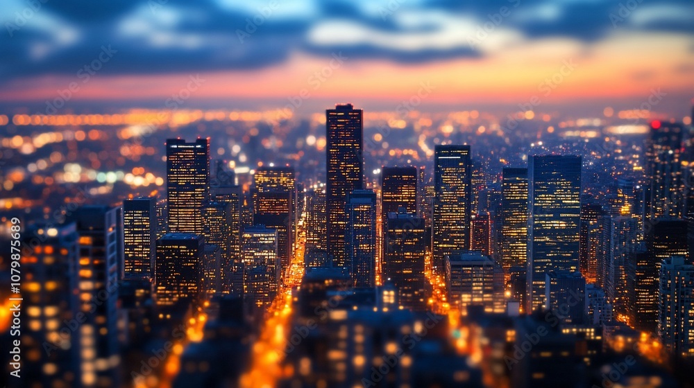 Fototapeta premium City skyline at dusk with a tilt-shift effect.