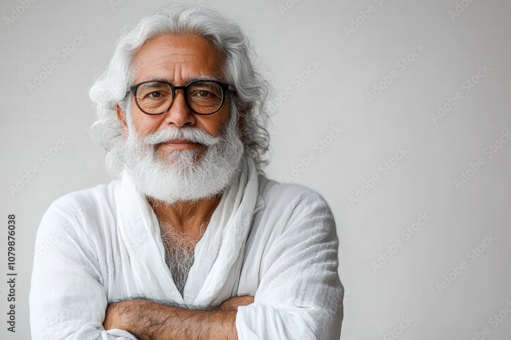 A smiling elderly man with a white beard and glasses, dressed in a casual white outfit. A smiling elderly man with a white beard and glasses, dressed in a casual white outfit.