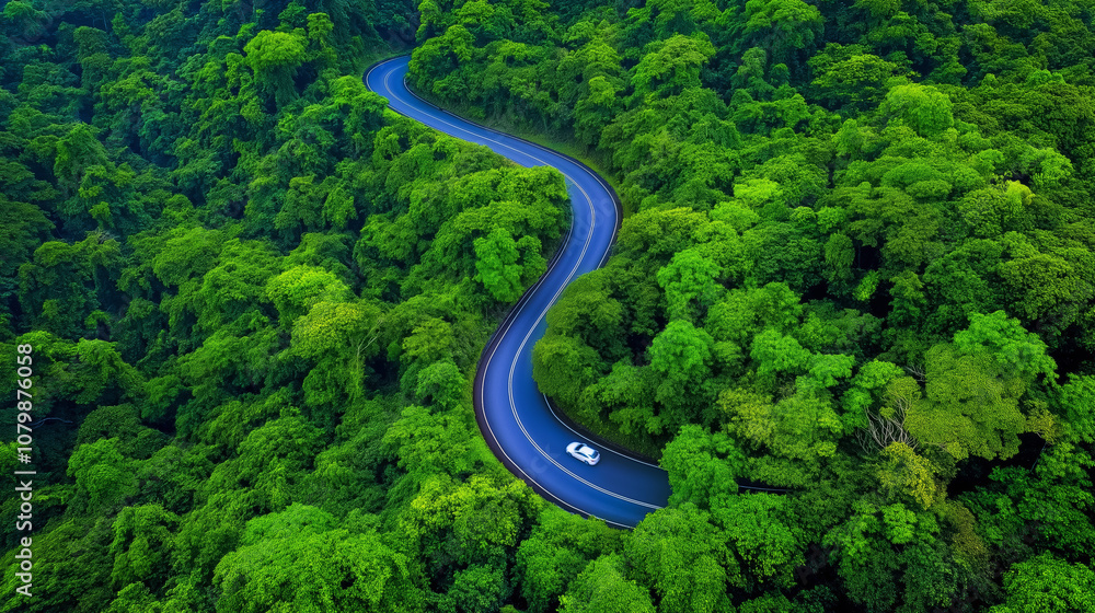 Aerial view of winding road through dense forest Aerial view of winding road through dense forest